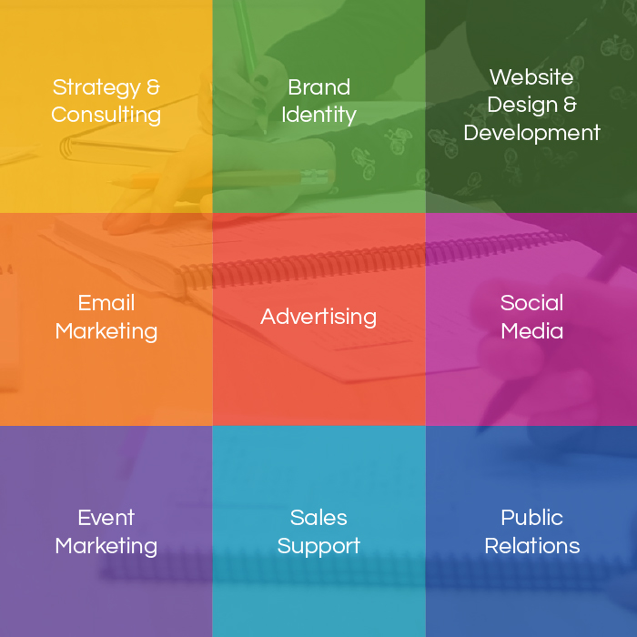 Brand Identity, Website Design, Advertising, Email Marketing, Social Media, Public Relations